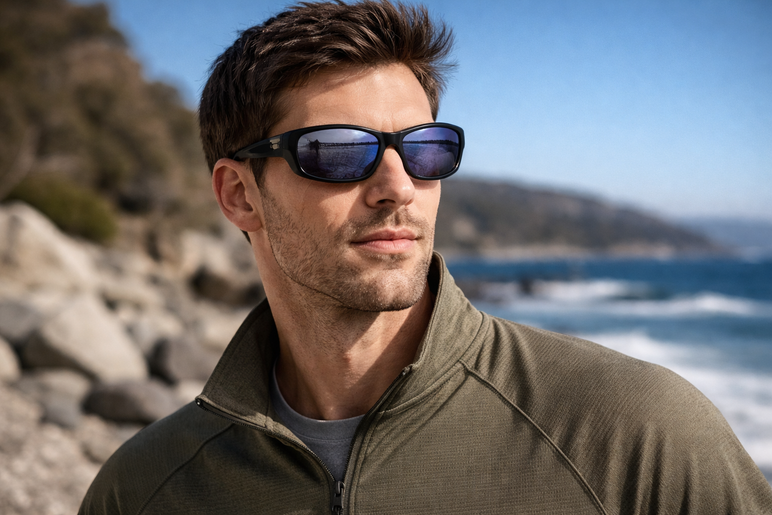 Mann mit sportlicher TR90-Sonnenbrille an einem felsigen Strand mit dem Meer im Hintergrund.