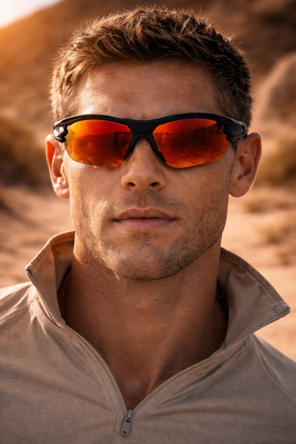 Ein Mann trägt eine sportliche TR90 Sonnenbrille mit orangefarbenen Gläsern in einer sonnigen Wüstenlandschaft.