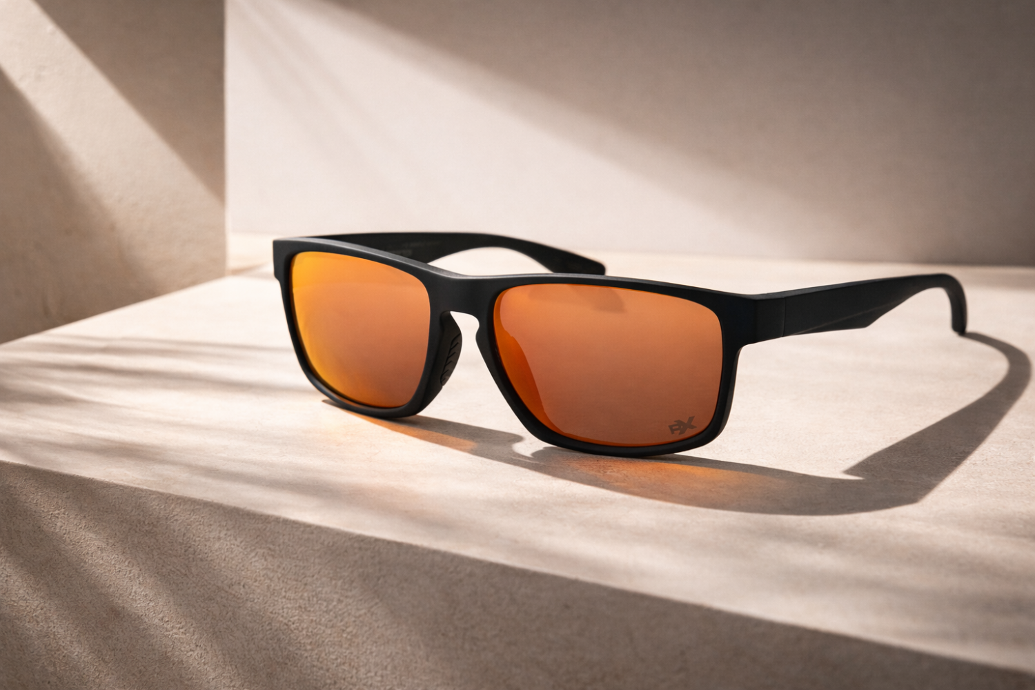 Lunettes de soleil TR90 noir mat avec verres miroirs orange sur une base en pierre avec jeu d'ombres.
