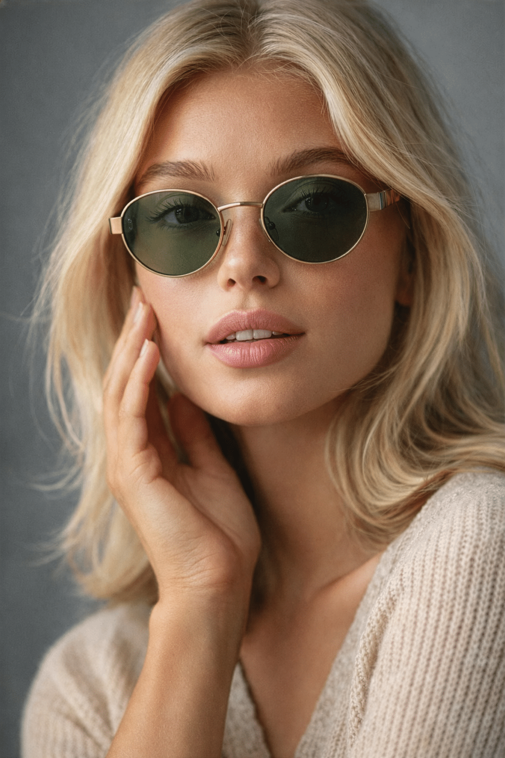 Femme blonde portant d'élégantes lunettes de soleil ovales dorées et des verres vert foncé.