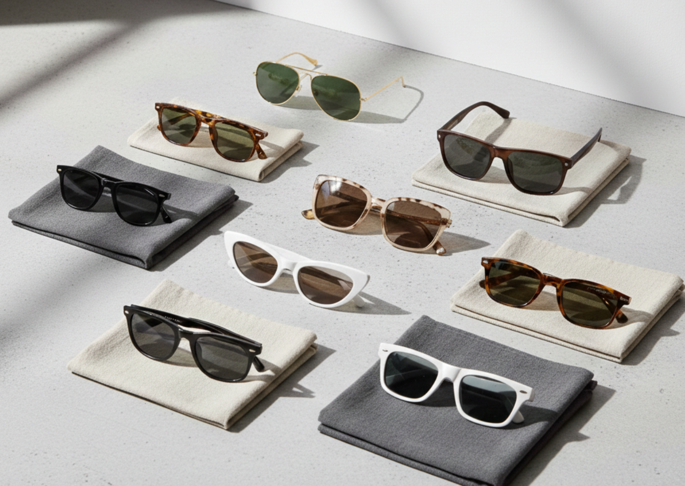 Diverses lunettes de soleil à la mode avec des montures en écaille, blanches et noires sur des bases minimalistes en tissu.