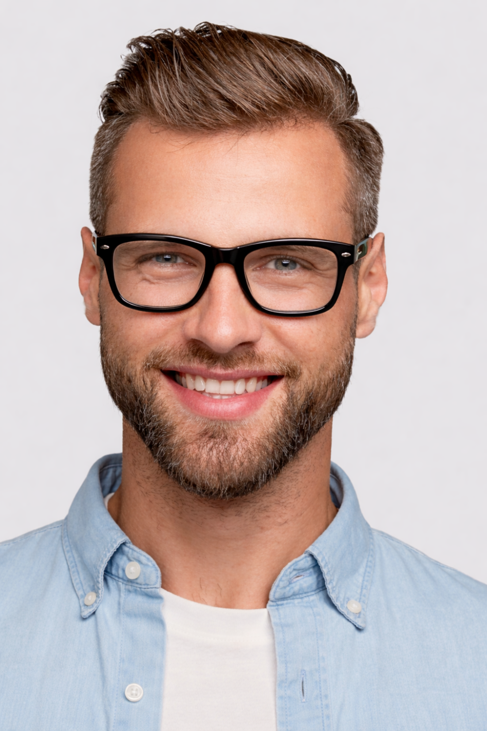 Smiling bearded man wears stylish black blue-light glasses in front of a light background
