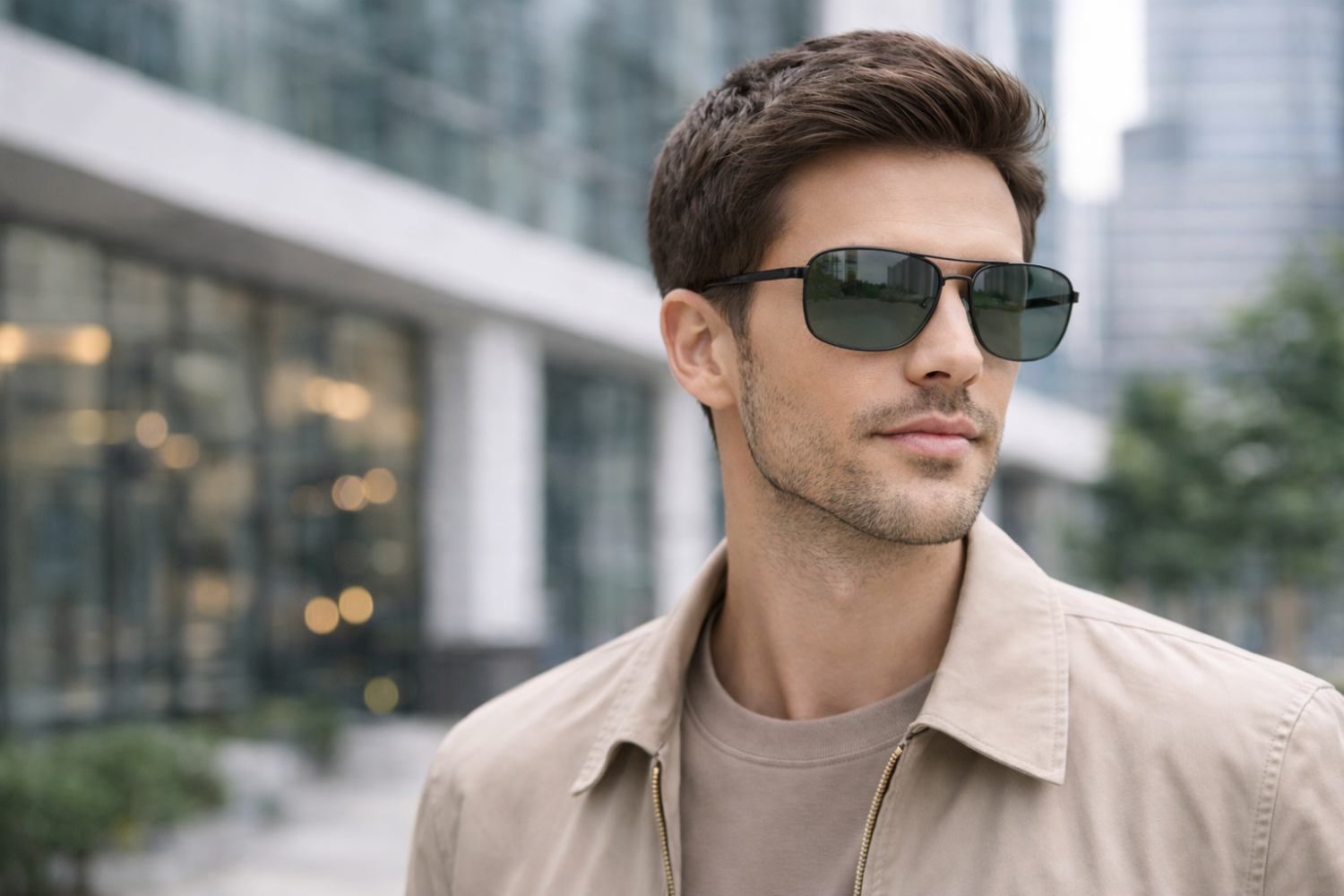 Stylish man wearing black sunglasses in urban setting in front of glasses wholesale.