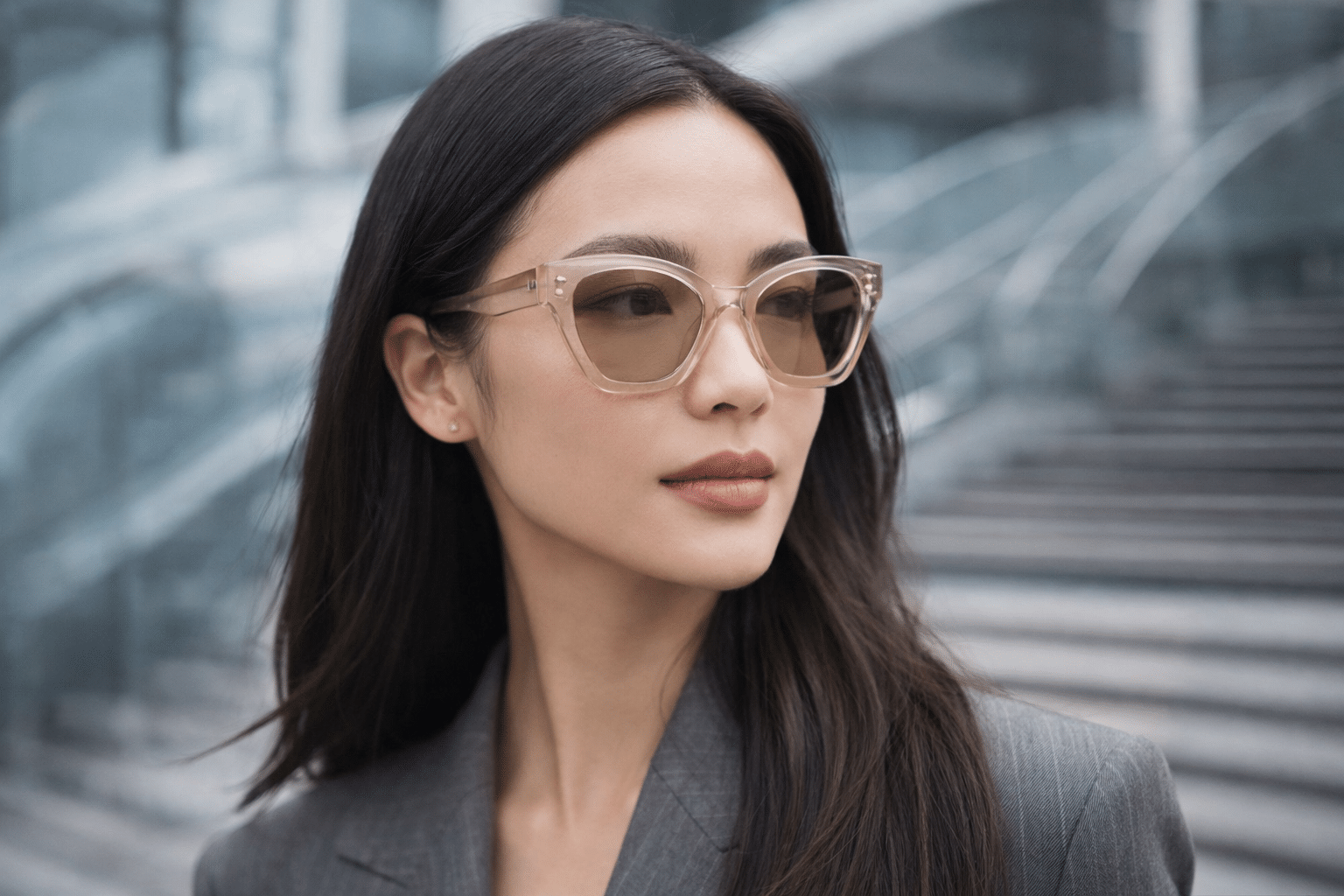 Woman wearing beige cat-eye sunglasses and grey blazer, collection for white label optics.